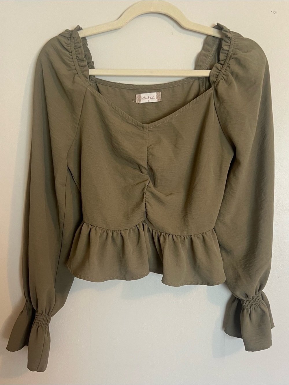 Altar'd State Olive Peplum Ruched Long-Sleeve Blouse